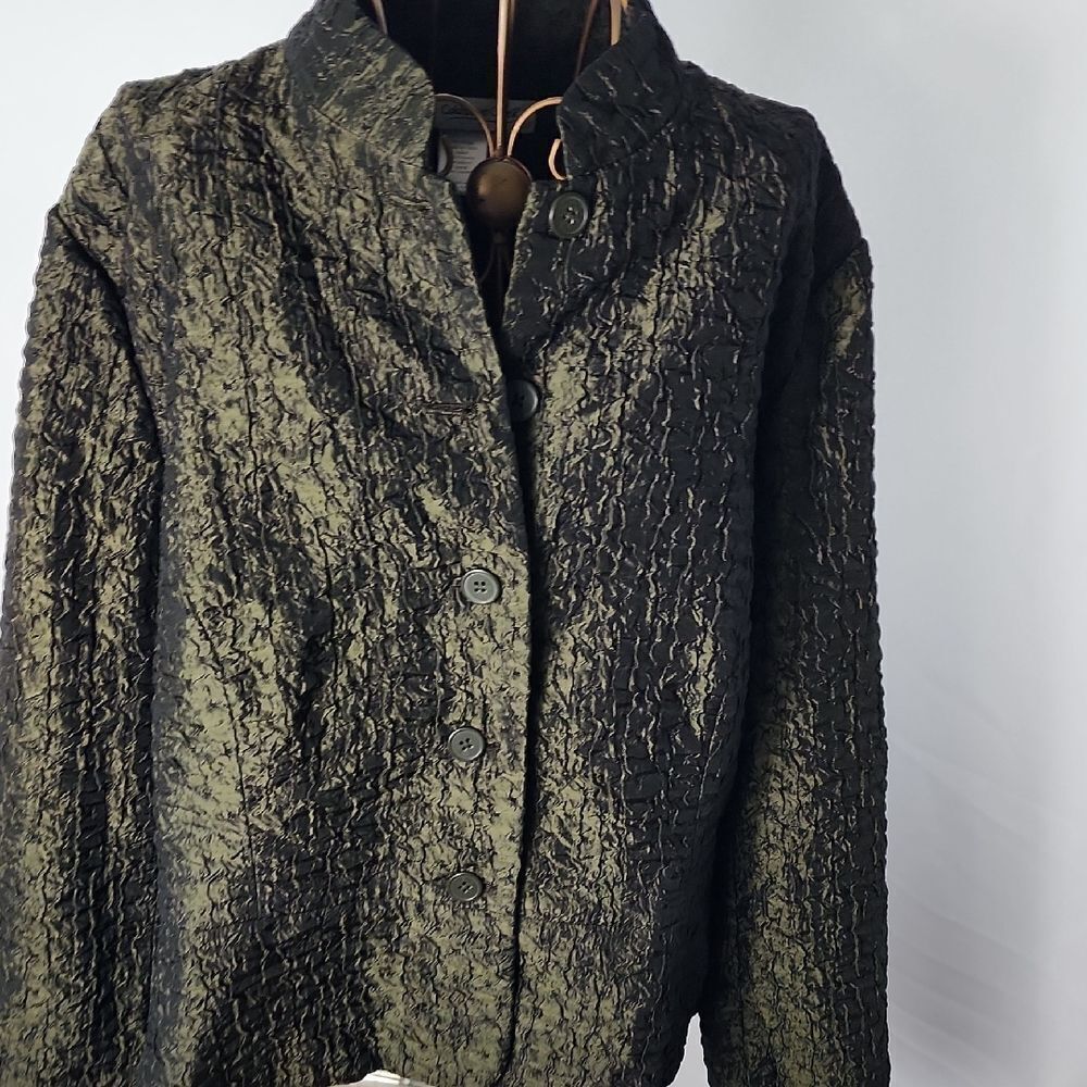 Lightweight Crinkle Fabric Deep Olive Jacket Blazer Size 12 Dark Academia